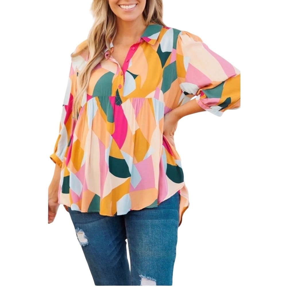 Umgee Oversized Small Babydoll Tunic Top Multi‎ Color 3/4 Sleeve R0178